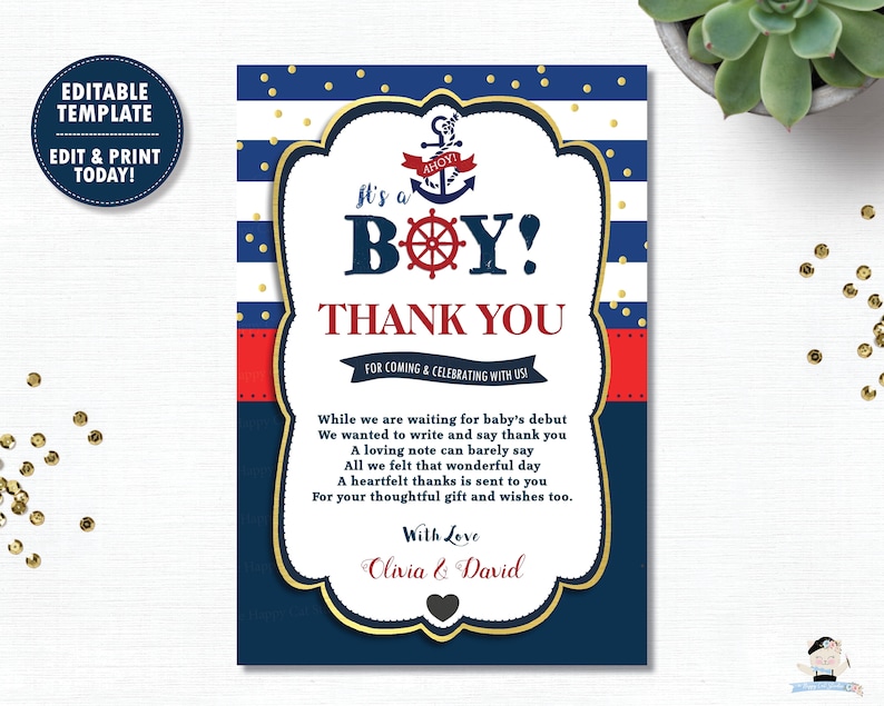 Nautical Baby Shower Thank You Card, EDITABLE TEMPLATE, Ahoy It's a Boy Thank You Note, Sailor, Nautical Printable, Instant Download, NT1 image 1