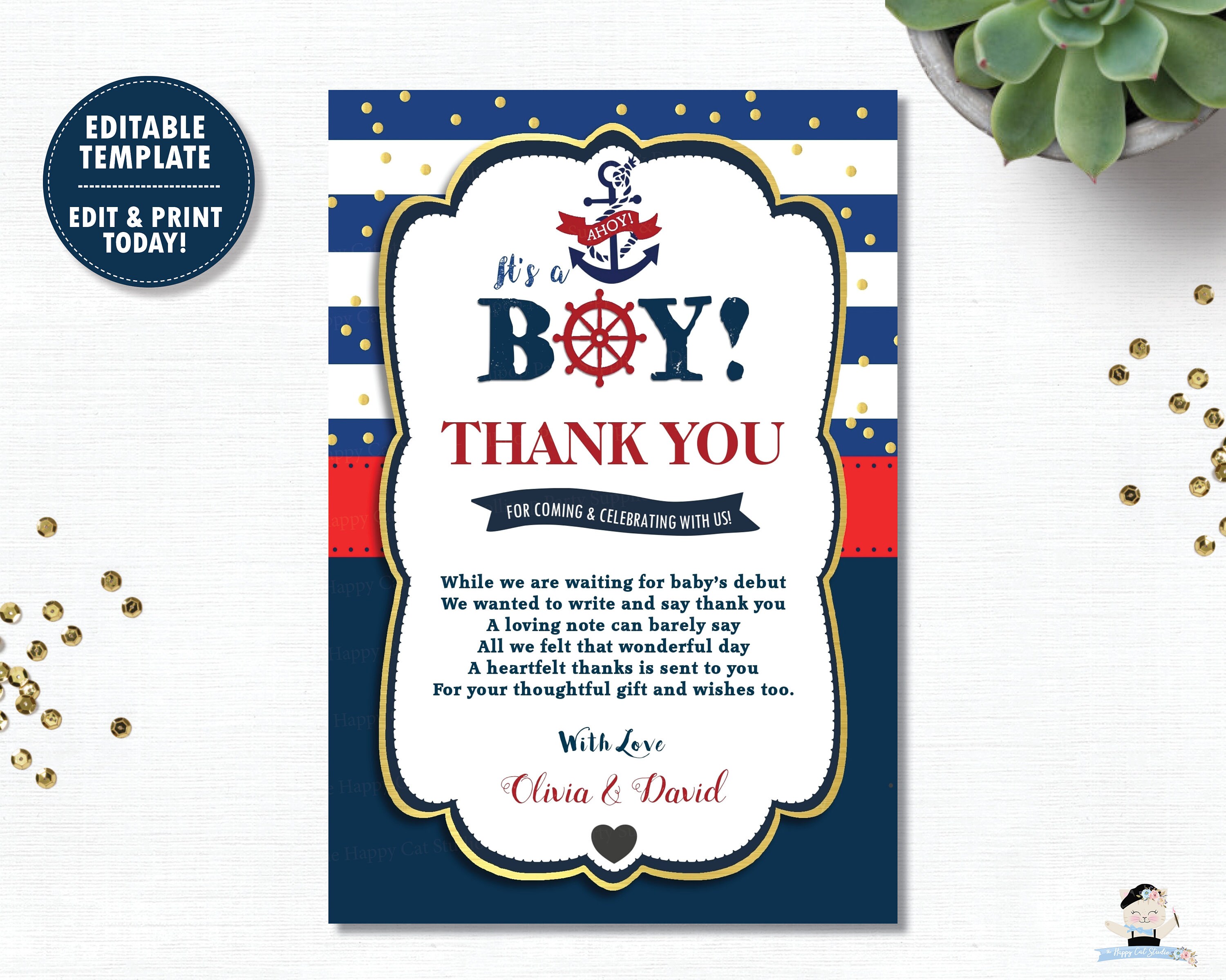 Nautical Baby Shower Thank You Card EDITABLE TEMPLATE Ahoy - Etsy