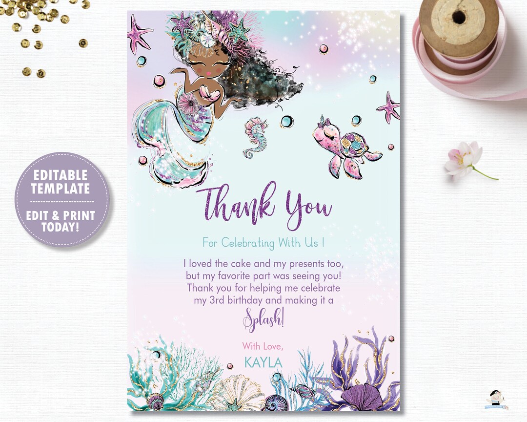 Mermaid Thank You Note Card Instant Download Birthday Baby - Etsy