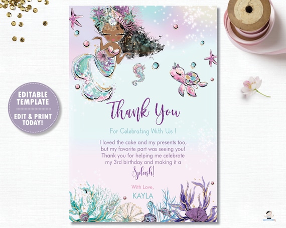 Mermaid Thank You Note Card Instant Download, Birthday Baby Shower Under the Sea Printable, African American, Diy PDF EDITABLE TEMPLATE MT2 Il_570xn