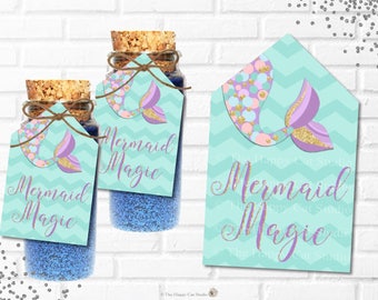 Mermaid Magic Tags, Tail, Favor, Gift Labels, Glitter Bottle Label, Birthday Party, Girls, Gold, Purple, Tag Printable, INSTANT DOWNLOAD MT3