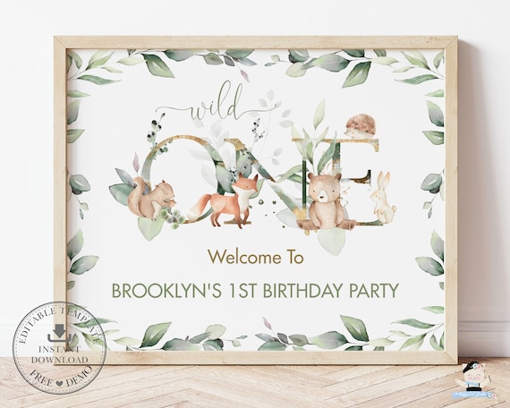 Woodland Animals 1st Birthday Welcome Sign, EDITABLE TEMPLATE, INSTANT Download, Greenery Wild One Poster Decor Pdf, Gender Neutral, WG12 Il_570xn