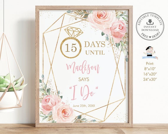 Chic Blush Pink Floral Geometric Wedding Countdown Sign, EDITABLE TEMPLATE, Days Until I Do, Mr & Mrs, Bridal Shower, INSTANT Download, PK5 Il_570xn