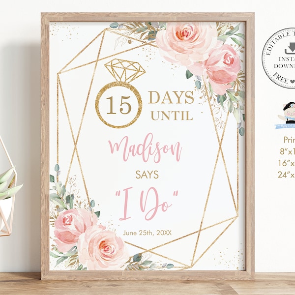 Chic Blush Pink Floral Geometric Wedding Countdown Sign, EDITABLE TEMPLATE, Days Until I Do, Mr & Mrs, Bridal Shower, INSTANT Download, PK5