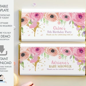EDITABLE TEMPLATE Fairy Chocolate Bar Wrappers, Favors, Hersheys, Aldi, 1st Birthday Baptism Baby Shower, Fairy Printable, Pink Floral FF3