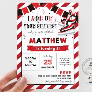 Ice Skating Invitation, EDITABLE TEMPLATE, Hockey Editable Invitation, Boy Red Black Birthday Party Invite Printable, Instant Download, HK1