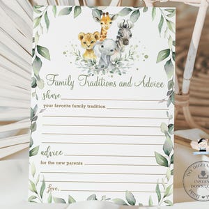 Carte traditions familiales et conseils, TÉLÉCHARGEMENT IMMÉDIAT, verdure, animaux de la jungle mignons Safari jeu de douche de bébé activités fichiers imprimables, JA4