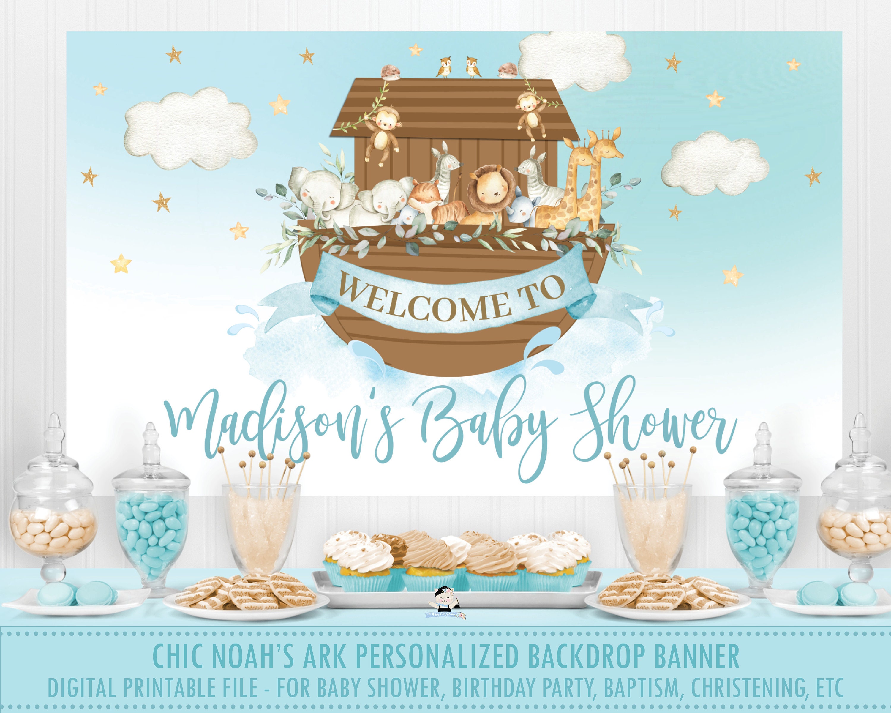 Noah's Ark 1st Birthday Party Baby Shower Backdrop Banner, Noahs Arc  Baptism Cute Animals Welcome Sign Blue Boy Decor PDF File Printable NA2 -  Etsy, image size:3000x2400