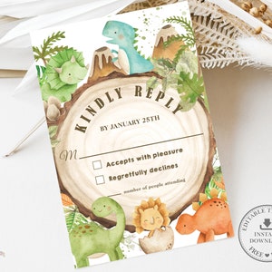 Niedliche Dinosaurier RSVP Karte EDITIERBARE VORLAGE Baby Boy Jurrasic Greenery Baby Shower 1. Geburtstag Antwort druckbare Sofort Download DS1