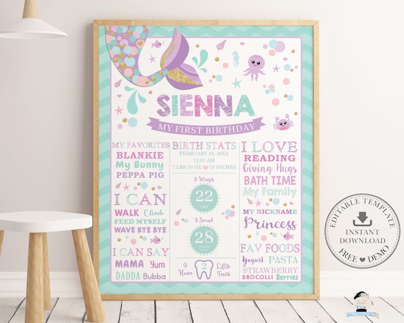 Mermaid 1st Birthday Milestone Sign, EDITABLE TEMPLATE, Mermaid Tail Birth Stats Poster, Under the Sea Printable, Pdf INSTANT Download, MT3 Il_570xn