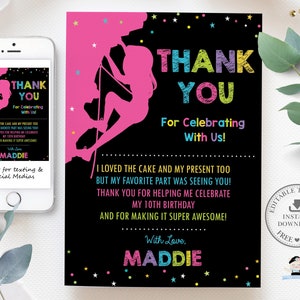 Cartão de agradecimento para festa de escalada, MODELO EDITÁVEL, Neon brilhante para festa de aniversário de meninas, Pdf para impressão de escalada, download INSTANTÂNEO, RC1