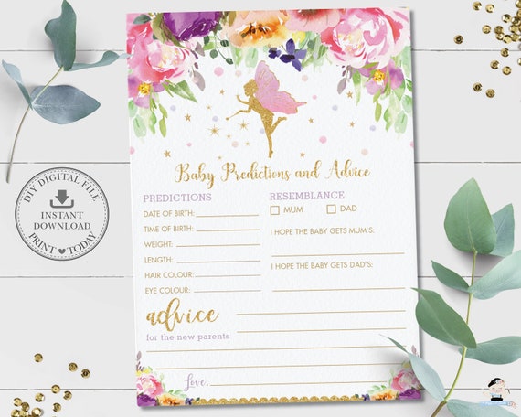 Baby Predictions and Advice Card, INSTANT DOWNLOAD, Fairy Purple Pink Floral Baby Shower Game Activity, Gold Glitter, Diy PDF Printable, FF2 Il_570xn