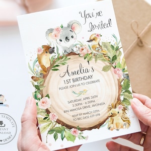 Australian Animals Birthday Party Invitation, EDITABLE TEMPLATE, Cute Koala Platypus Girl Gender Pink Floral Greenery Invite Printable, AU1