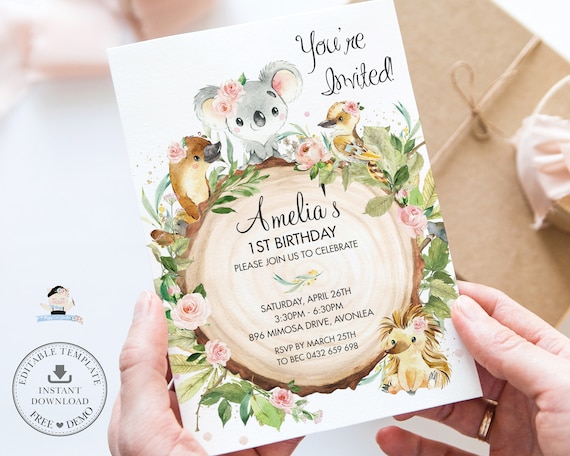 Australian Animals Birthday Party Invitation, EDITABLE TEMPLATE, Cute Koala Platypus Girl Gender Pink Floral Greenery Invite Printable, AU1 Il_570xn