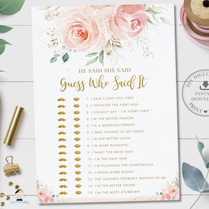 Bridal Shower He Said She Said Game, INSTANT DOWNLOAD, Guess Who Said It Chic Blush Pink Floral Flower Gold Activity, Diy PDF Printable PK5