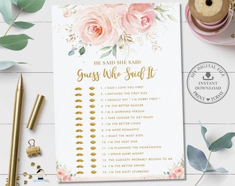 Bridal Shower He Said She Said Jeu, TÉLÉCHARGEMENT INSTANTANÉ, Guess Who Said It Chic Blush Pink Floral Flower Gold Activity, Diy PDF Imprimable PK5