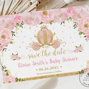 Prinzessin Carriage Pink Floral Save the Date, EDITIERBARE VORLAGE, schicker Kürbis Coach Geburtstag Baby Shower, Gold Glitter, SOFORTIGER Download, PU2
