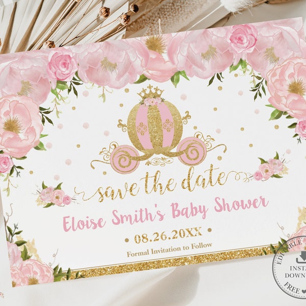 Princess Carriage Pink Floral Save the Date, EDITABLE TEMPLATE, Chic Pumpkin Coach Birthday Baby Shower, Gold Glitter, INSTANT Download, PU2