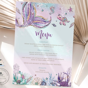 Skurrile Meerjungfrau Schwanz Menü Karte druckbare, EDITIERBARE VORLAGE Unter dem Meer Baby Shower 1. Geburtstag Pool Party, SOFORTIGER Download, MT2