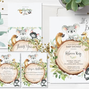 Australische dieren groen baby shower uitnodiging bundel, BEWERKBARE SJABLOON, dank u, luier loterij, boeken voor baby, INSTANT Download AU1