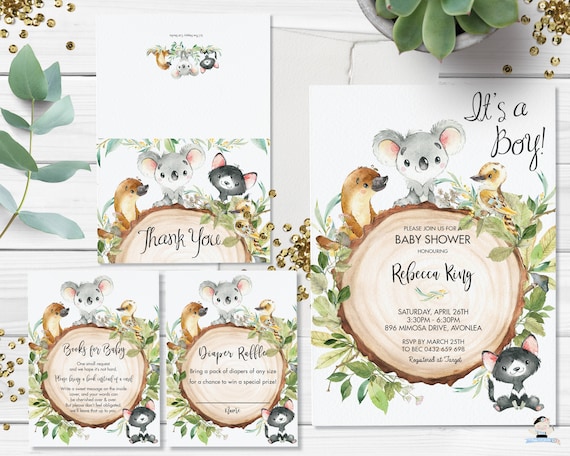 Australian Animals Greenery Baby Shower Invitation Bundle, EDITABLE TEMPLATE, Thank You, Diaper Raffle, Books for Baby, INSTANT Download AU1 Il_570xn