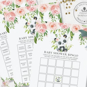 Mignon Panda Baby Shower Bingo Jeu Imprimable, TÉLÉCHARGEMENT INSTANTANÉ, Carte de Bingo Vierge Pré-remplie Rose Floral Bambou Verdure Activité de jeu, PA2