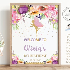 Fairy Welcome Sign, EDITABLE TEMPLATE, Purple Pink Floral Fairy Birthday New Baby Christening Baptism Printable INSTANT Download Pdf Diy FF2