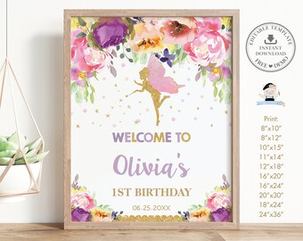 Signo de bienvenida de hadas, PLANTILLA EDITABLE, Cumpleaños de hadas floral rosa púrpura Nuevo bautismo de bautizo imprimible Descarga instantánea Pdf Diy FF2