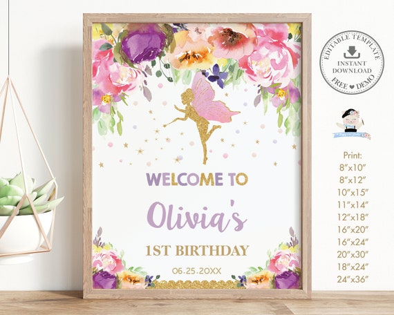 Fairy Welcome Sign, EDITABLE TEMPLATE, Purple Pink Floral Fairy Birthday New Baby Christening Baptism Printable INSTANT Download Pdf Diy FF2 Il_570xn