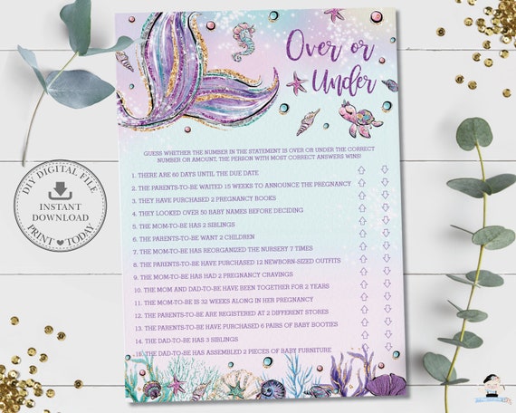 Mermaid Over or Under Quiz, INSTANT DOWNLOAD, Chic Whimsical Mermaid Tail Under the Sea Baby Shower Game Card Activity Diy PDF Printable MT2 Il_570xn