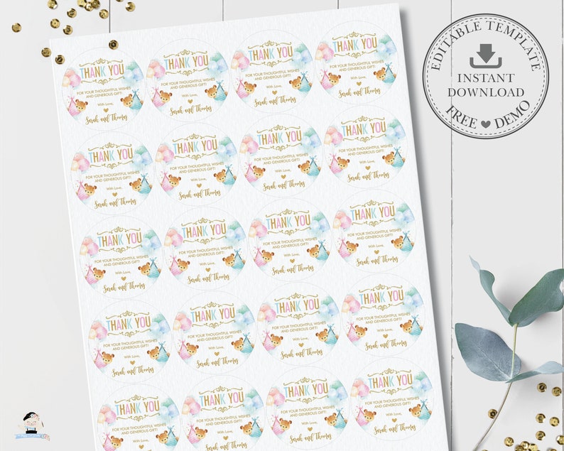 May include: A sheet of 16 round thank you stickers with a gold border. The stickers feature a watercolor illustration of a teddy bear holding balloons in blue, pink, and white. The text on the stickers reads "Thank you for your thoughtful wishes and generous gift with love, Sarah and Thomas".