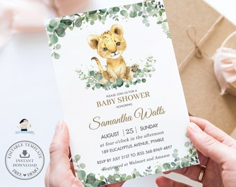 Cute Lion Cub Baby Shower Invitation, INSTANT Download, Chic Greenery Gender Neutral Boy Girl, Jungle Safari Diy Pdf EDITABLE TEMPLATE, LN3