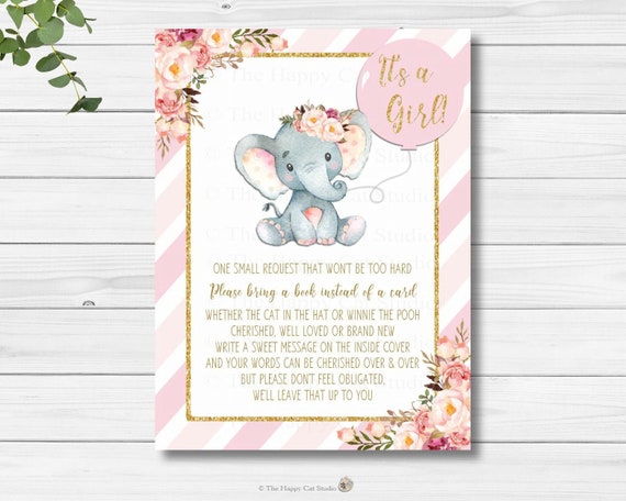 Elephant Bring a Book instead of a Card Insert, Printable, Baby Shower Girl, Watercolor Floral, Flowers, Pink, Glitter Gold, Pastel EF1 Il_570xn