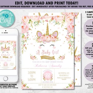 Unicorn baby shower uitnodiging, Unicorn baby meisje uitnodiging, roze bloemen Unicorn baby shower uitnodiging, INSTANT BEWERKBARE SJABLOON Corjl, UB1