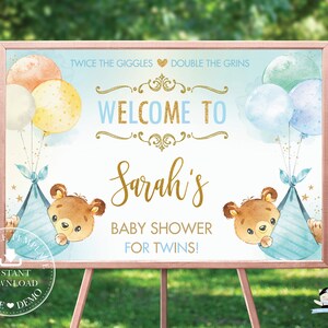 Söta björnar, tvillingpojkar, babyshower-välkomstskylt, REDIGERINGSBAR MALL, DIREKT NEDLADDNING, Pdf-tvillingar, nallebjörn, babyshower-affisch, guld, TB5 bild 1
