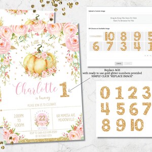 Puede incluir: Una invitaci&oacute;n personalizable con un dise&ntilde;o de calabaza y flores en acuarela. La invitaci&oacute;n presenta el texto "Our Little Pumpkin" y "Charlotte cumple 1 a&ntilde;o". Incluye opciones de n&uacute;meros dorados con purpurina para reemplazar la edad.