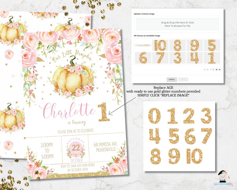Puede incluir: Una invitaci&oacute;n personalizable con un dise&ntilde;o de calabaza y flores en acuarela. La invitaci&oacute;n presenta el texto "Our Little Pumpkin" y "Charlotte cumple 1 a&ntilde;o". Incluye opciones de n&uacute;meros dorados con purpurina para reemplazar la edad.