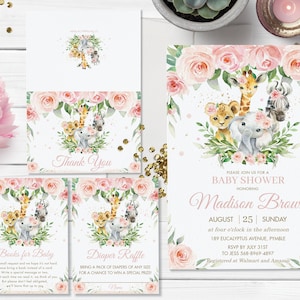 Pink Floral Jungle Animals Baby Shower Invitation Bundle, MODÈLE MODIFIABLE, Merci, Tombola de couches, Livres pour bébé, Téléchargement instantané, JA6