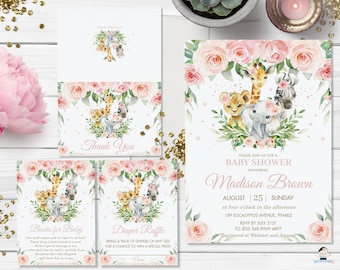 Paquete de invitación de baby shower de animales de la selva floral rosa, PLANTILLA EDITABLE, Gracias, Rifa de pañales, Libros para bebé, Descarga INSTANTÁNEA, JA6