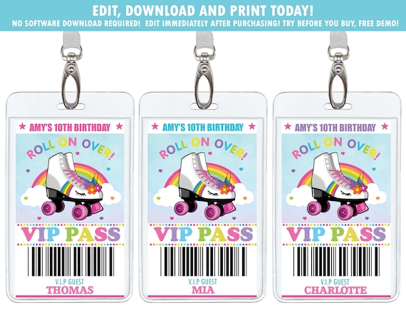 Unicorn Roller Skating VIP Pass, Backstage Pass Badge, Girl Roller Blading Birthday Party Printable, Digital Instant EDITABLE TEMPLATE, UR1 Il_570xn