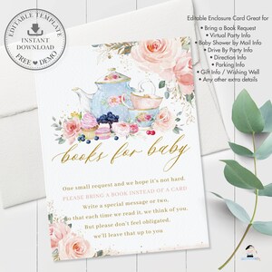 Puede incluir: Una tarjeta de invitaci&oacute;n para baby shower con un dise&ntilde;o de acuarela. La tarjeta presenta una tetera azul, tazas de t&eacute; rosas y detalles florales. El texto "books for baby" est&aacute; escrito en escritura dorada, con texto adicional debajo.