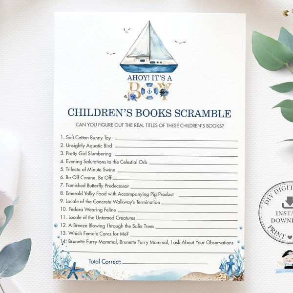 Fun Children's Book Scramble Game, INSTANT DOWNLOAD, Storybook Nautical Blue Boat Sea Ahoy It's a Boy Baby Shower Activity Diy Printable NT2