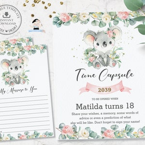 Süße australische Koala Zeitkapsel Zeichen Nachricht Karte, EDITIERBARE VORLAGE, erste Geburtstag Aktivität rosa Blumen druckbare Datei SOFORT AU2