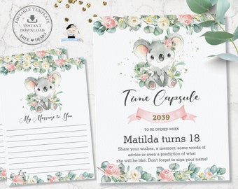 Söt australisk koala med tidskapselskylt, REDIGERINGSBAR MALL, första 1-årsdagsaktivitet rosa blommig utskrivbar fil INSTANT AU2