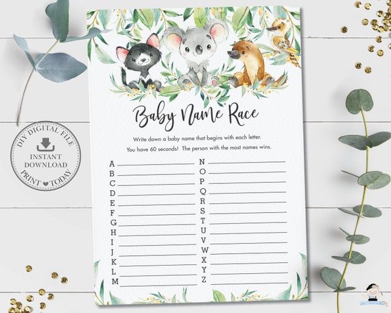 Baby Name Race Game, INSTANT DOWNLOAD, Cute Australian Animals Baby Shower, Koala Baby Names Game Quiz Card Activity, Diy PDF Printable, AU1 Il_570xn