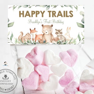 Bosdieren Groen Happy Trails Gunst Tas Toppers Tags BEWERKBARE SJABLOON Verjaardag Babyshower Zoete lekkernijen Trail Mix Afdrukbare WG12