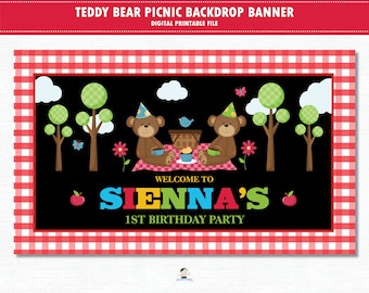 Teddy Bear Picnic Birthday Backdrop Banner, Teddy Bear Garden Party Decor, Teddy Bear Picnic Printable, 1st Birthday Banner, Digital PDF TB1