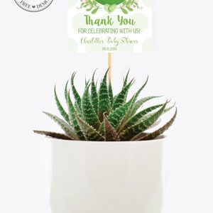 Op de afbeelding: Een groene peul met een glimlachend gezicht en een roze strik, omringd door witte stippen. De tekst "Thank You for celebrating with us! Charlotte's Baby Shower 09.25.20XX" staat op het label.