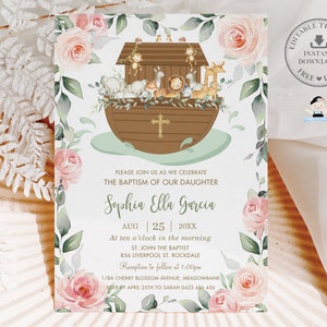 Noah&#39;s Ark Pink Floral Greenery Baptism Christening Invitation EDITABLE TEMPLATE Chic Girl 1st Birthday Noahs Animals Invites Printable NA1