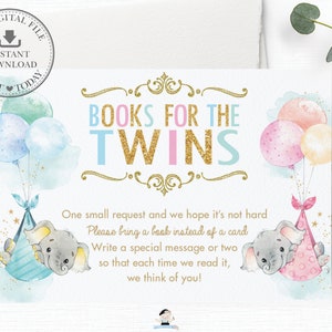 Bringen Sie ein Buch statt einer Karte, INSTANT DOWNLOAD, Zwillinge junge Mädchen Elefant Baby-Dusche-Bücher für Twin Babys, chic Elefant bedruckbar, EP3